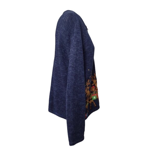 Tiara International Reindeer Cardigan Sweater M Zip Sequins Holiday Vtg Kitsch - Picture 3 of 8